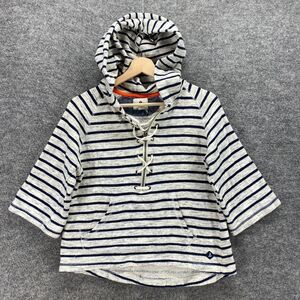 Sperry Hoodie Women XS White Striped Hooded 3/4 Sleeve Cotton Tasseled Pockets